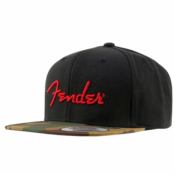 FENDER Black Flatbill Hat with Red Logo and Camouflage Brim Unisex NWT - Picture 3 of 7